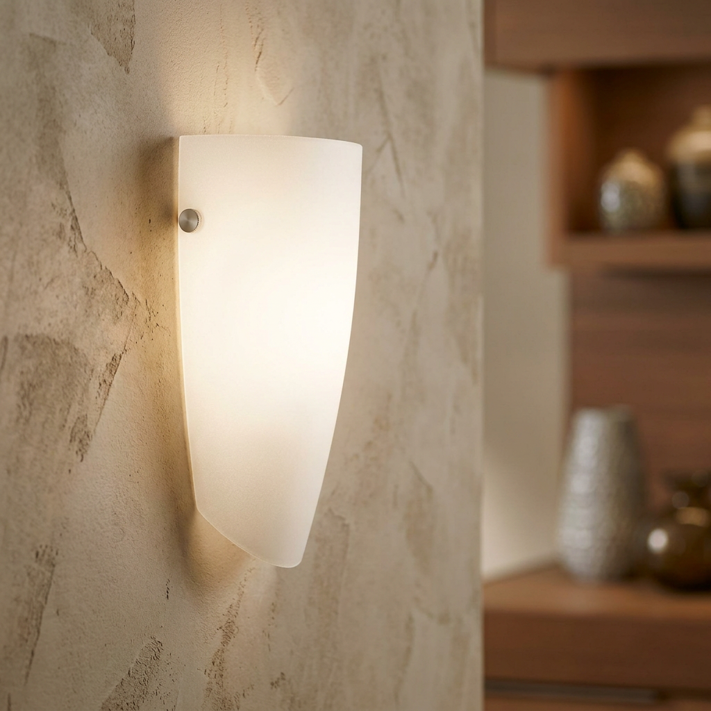 An illuminated Eglo Nemo opal glass wall light casting a warm glow on a textured beige wall.