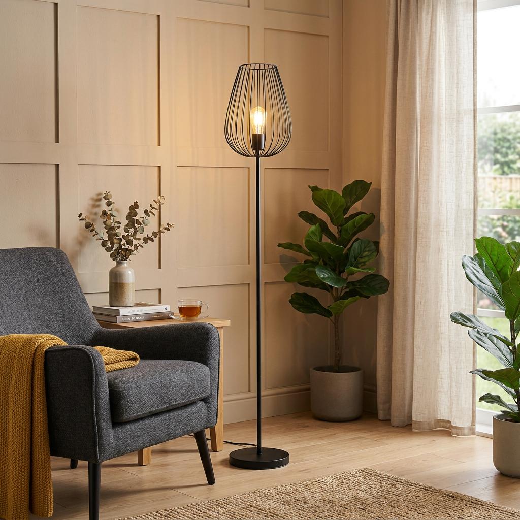 A black floor lamp with a wire cage lampshade stands in a cozy living room beside a grey armchair and potted plants.