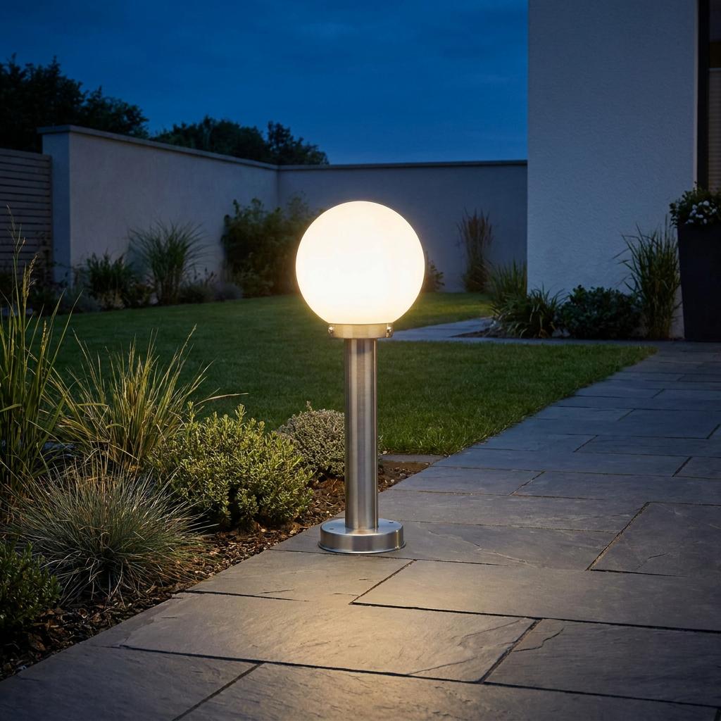 Illuminated silver bollard with a white glass globe shade on a stone garden path at twilight.