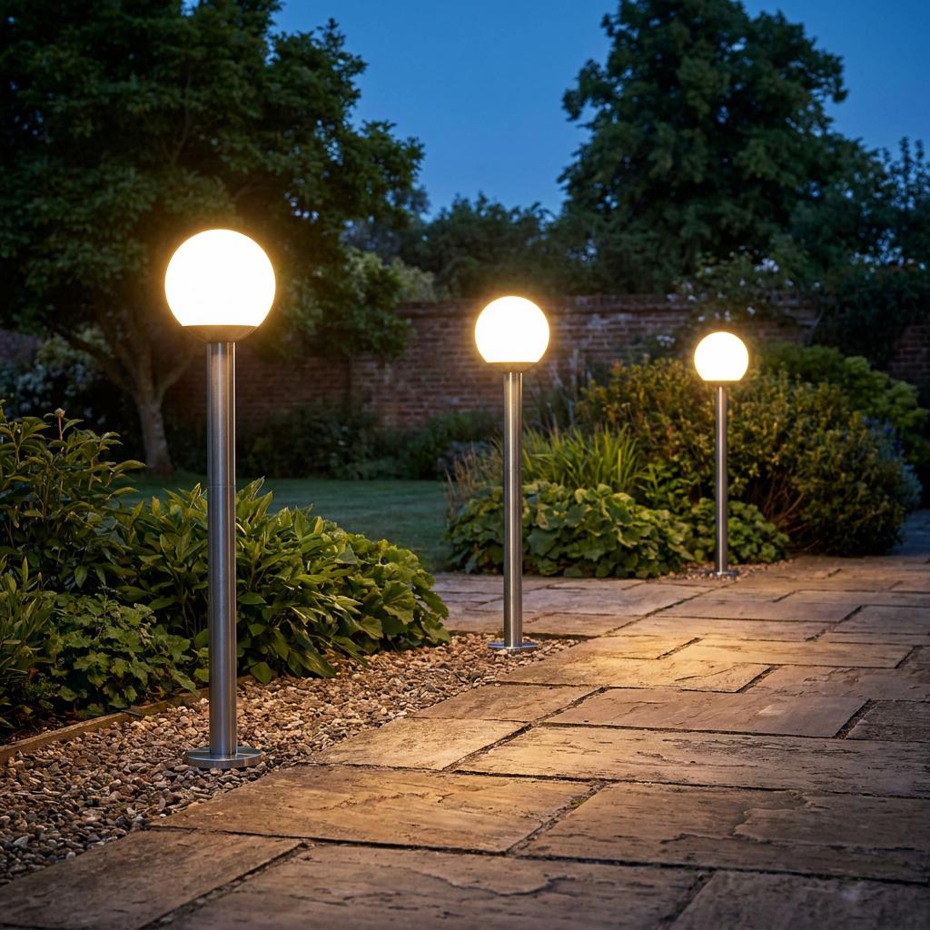 Three silver bollard lights with warm glowing globes lining a stone garden path at twilight.