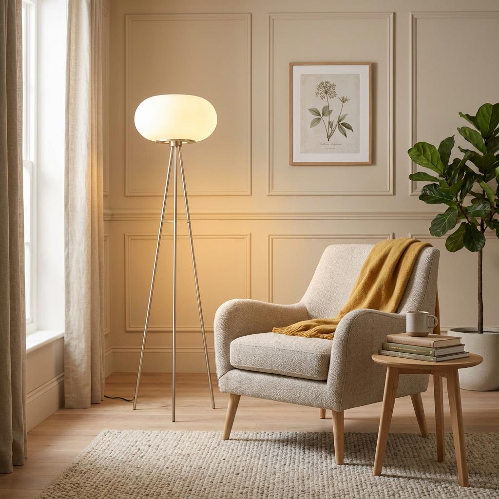 Eglo Optica tripod floor lamp with opal white glass shade standing in a cozy living room next to an armchair.