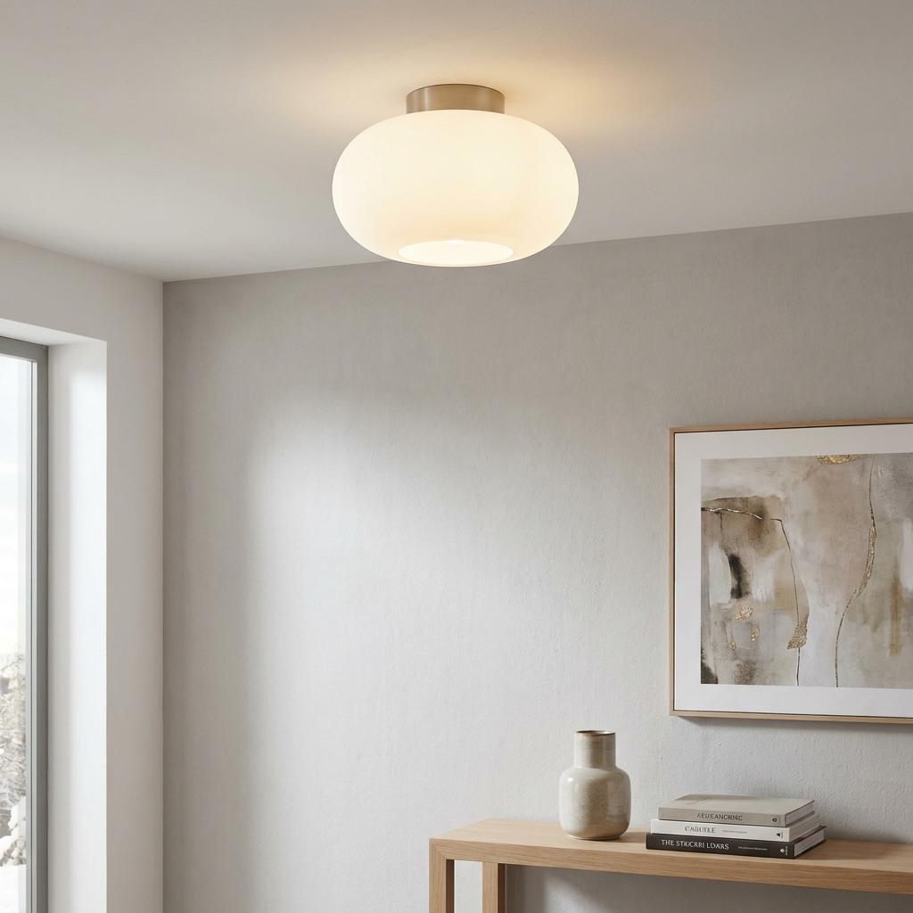 Eglo Optica opal matte glass flush ceiling light illuminated in a neutral modern living space.