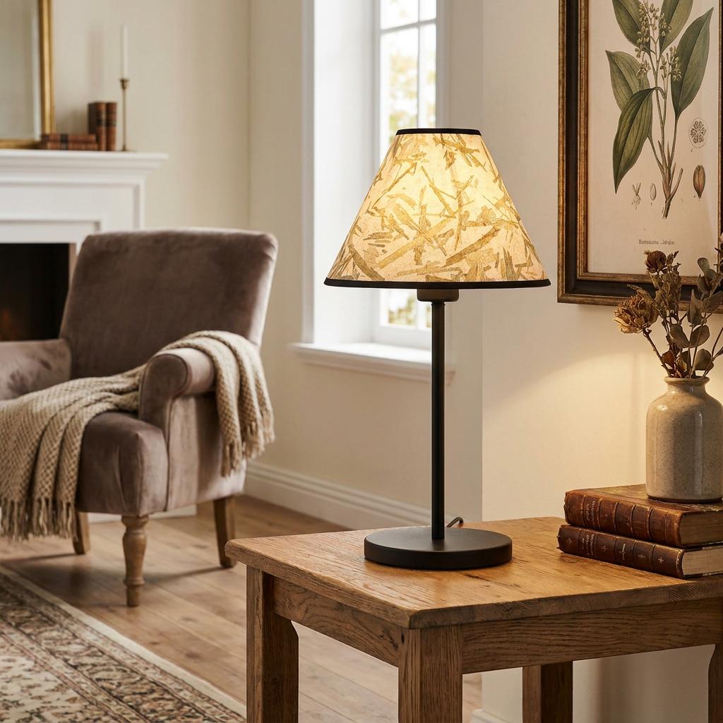 Black metal table lamp with a patterned fabric shade on a wooden table in a cozy, well-lit living room.
