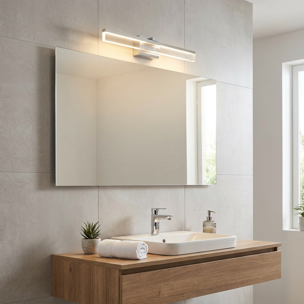 Modern Eglo Palmital chrome bathroom wall light mounted above a large mirror over a wooden vanity and white sink.