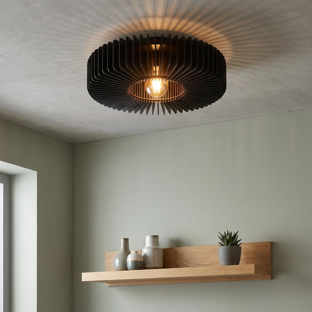 Black wooden slatted flush ceiling light casting radial shadows above a wooden shelf in a modern interior.