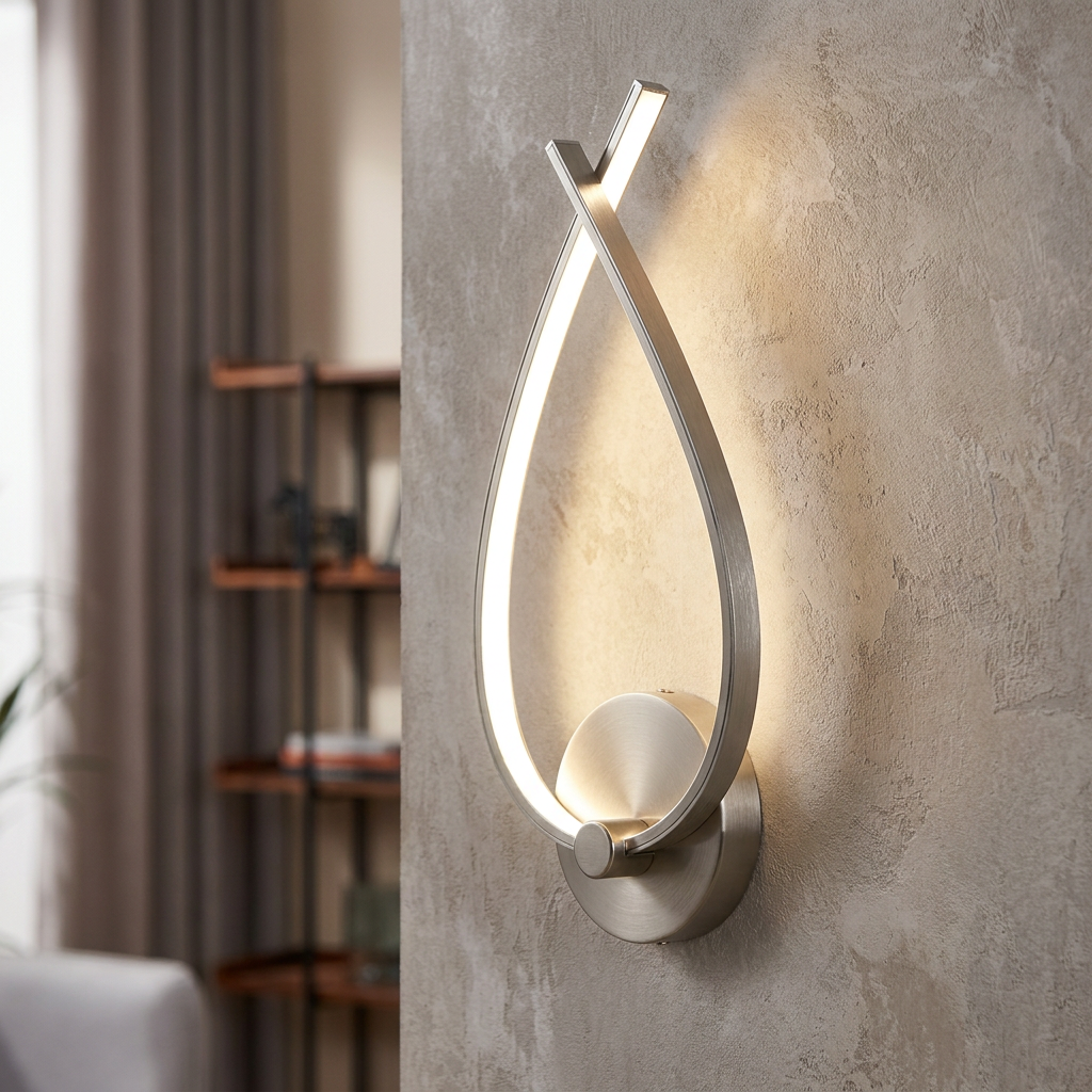 Curved teardrop-shaped brushed nickel LED wall light glowing on a textured beige wall.
