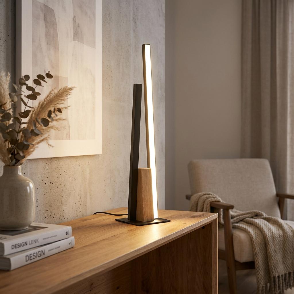 Minimalist black and wood LED table lamp with vertical bars glowing on a wooden sideboard in a cozy modern interior.