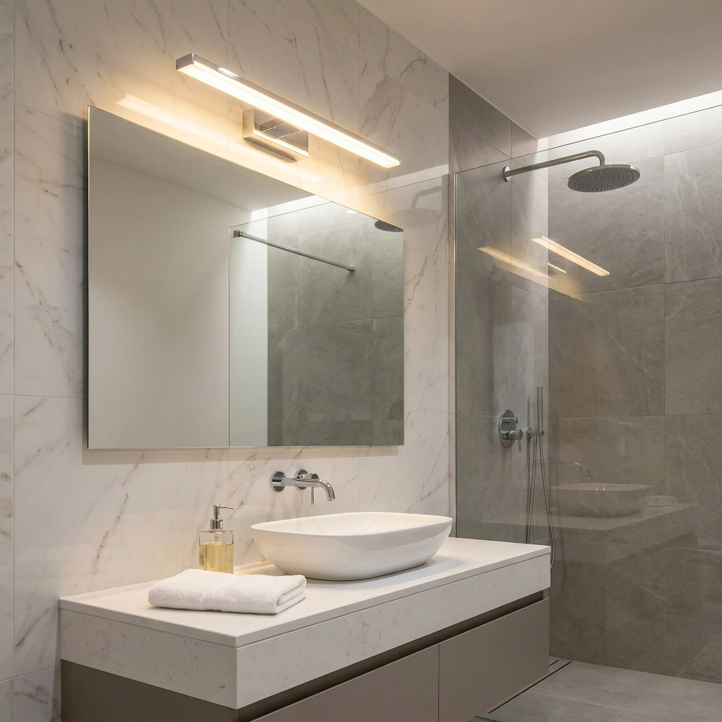 Modern chrome LED bar light mounted above a bathroom mirror in a contemporary marble-tiled bathroom.