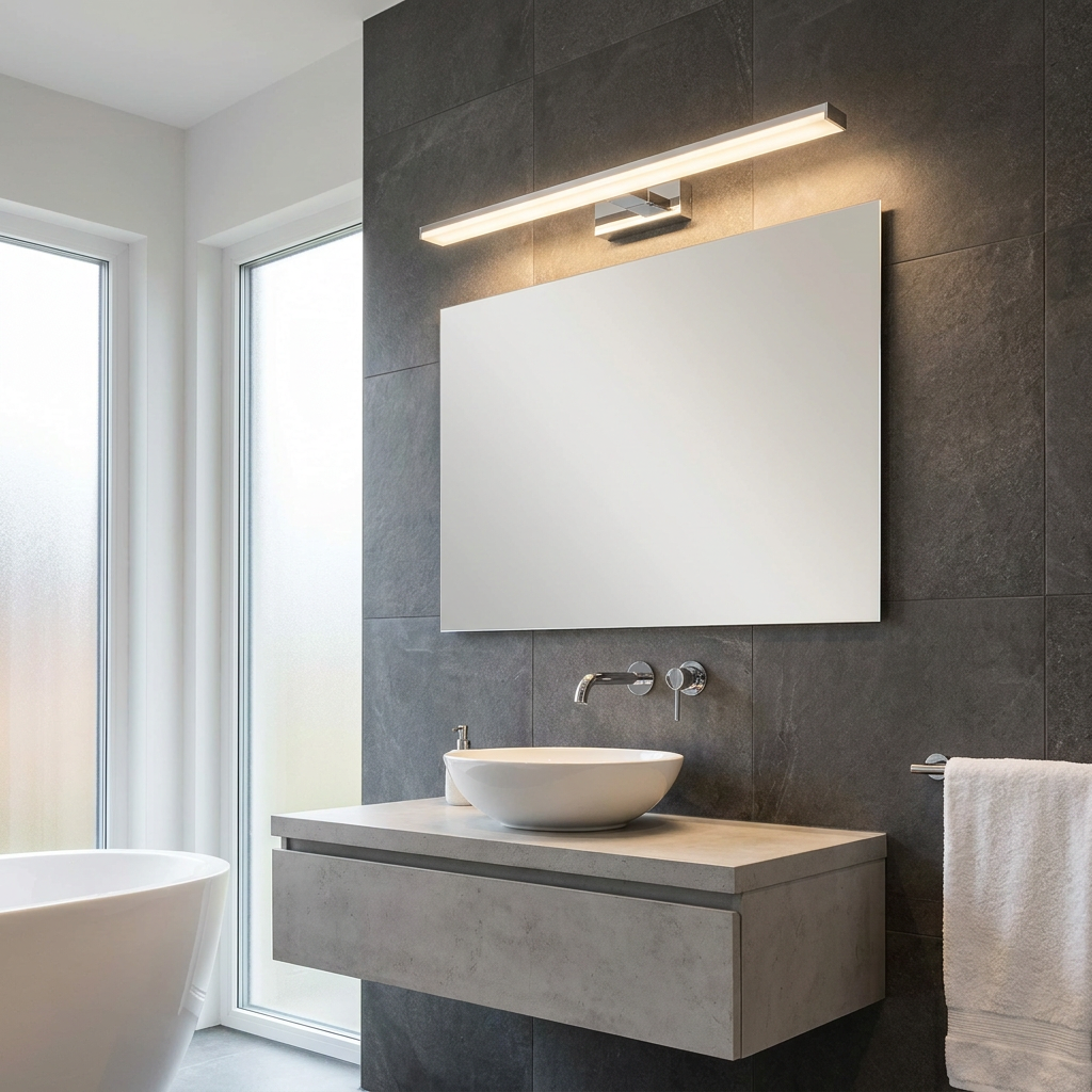 Chrome LED bathroom wall light mounted above a rectangular mirror in a modern tiled bathroom.