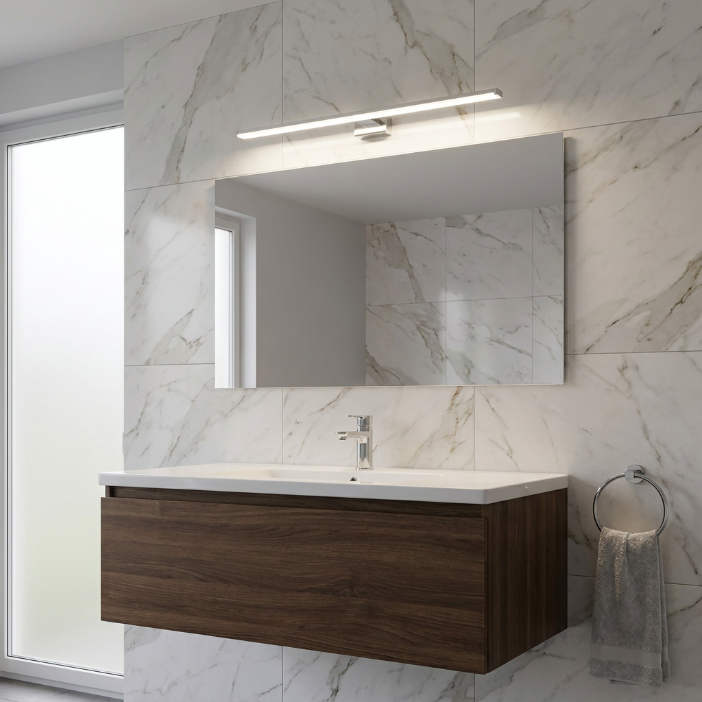Eglo Pandella 1 chrome LED bathroom wall light mounted above a mirror in a modern marble-tiled bathroom.