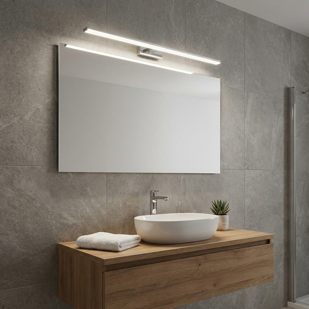 Slim silver linear LED light bar mounted above a rectangular bathroom mirror on grey tiles.