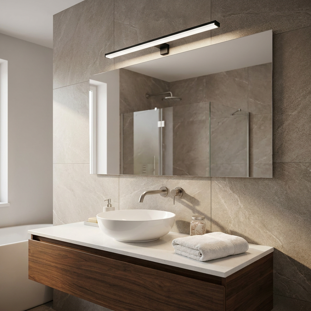 Black linear LED wall light mounted above a bathroom mirror over a white vessel sink and wooden vanity.