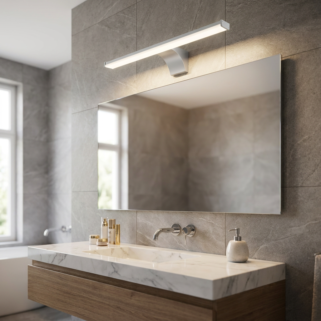 Sleek silver linear light bar mounted above a large mirror in a contemporary bathroom with grey stone tiles.