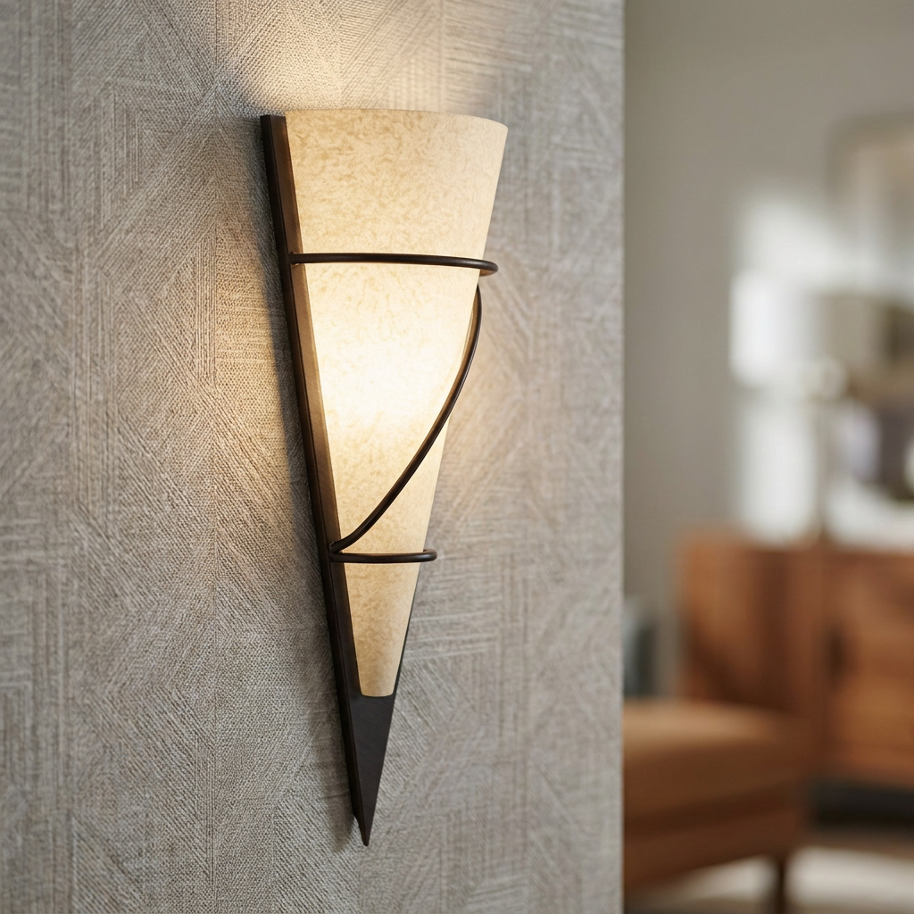 A wall-mounted cone light fixture with a brown metal frame and mottled glass shade, glowing on a textured wall.
