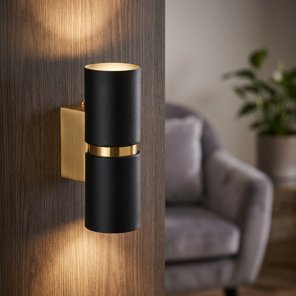 Black and gold cylindrical up and down wall light mounted on a dark wood panel in a modern room.