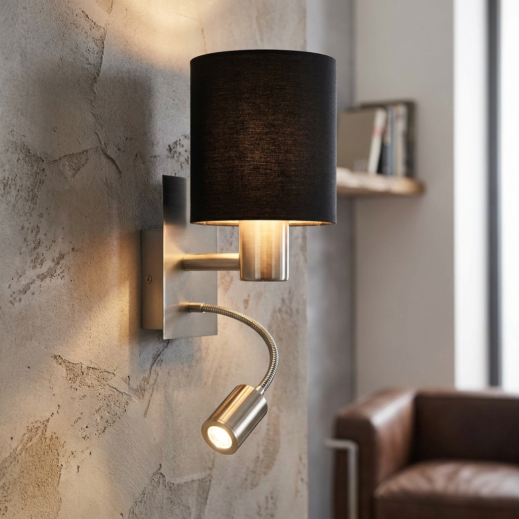 Satin nickel wall light with a black fabric shade and adjustable LED reading arm on a textured grey wall.