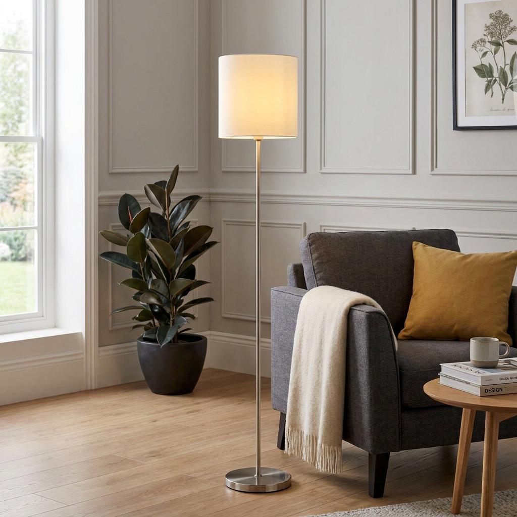 Eglo Pasteri nickel floor lamp with a white drum shade next to a grey armchair in a modern living room.