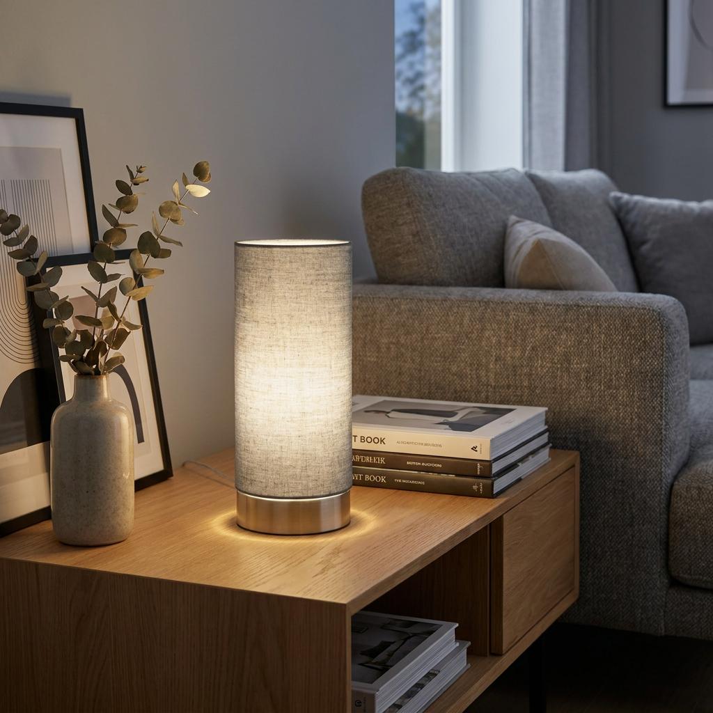 Cylindrical table lamp with grey fabric shade and nickel base glowing on a wooden sideboard in a living room.