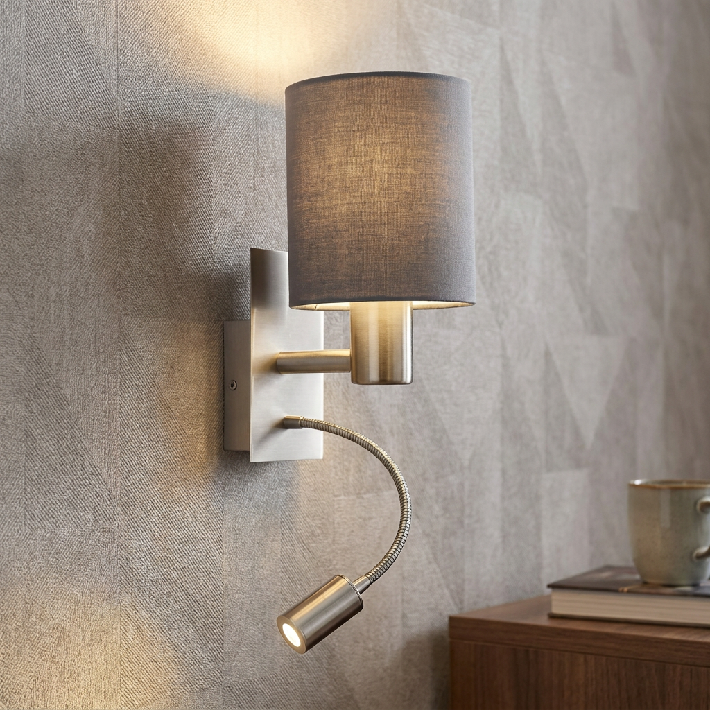 Satin nickel wall light featuring a grey fabric shade and an adjustable flexible LED reading arm.