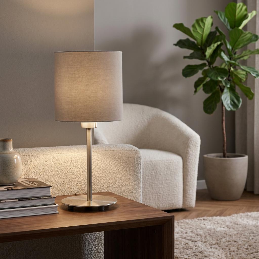 Eglo Pasteri table lamp with a taupe shade and nickel base on a wooden side table in a modern living room.