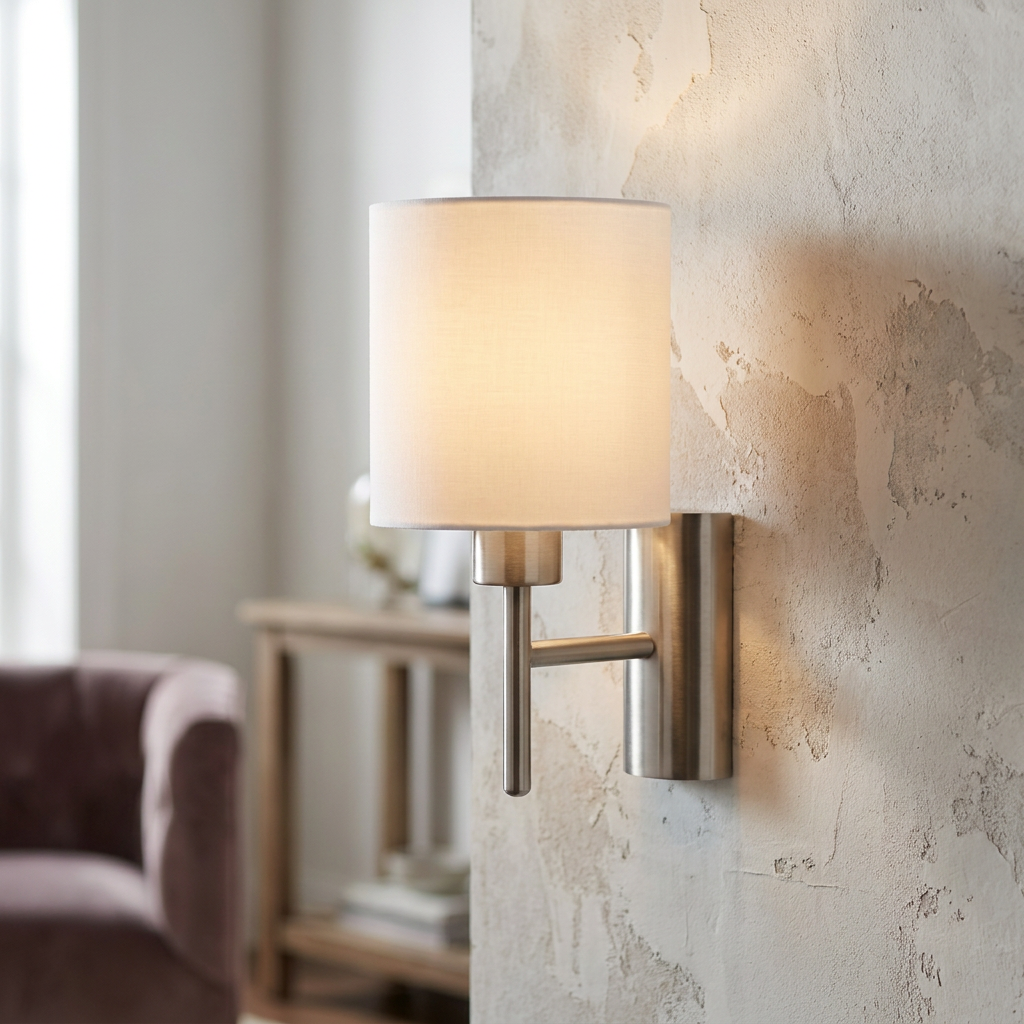 A satin nickel wall light with a white fabric cylinder shade glowing against a textured wall.