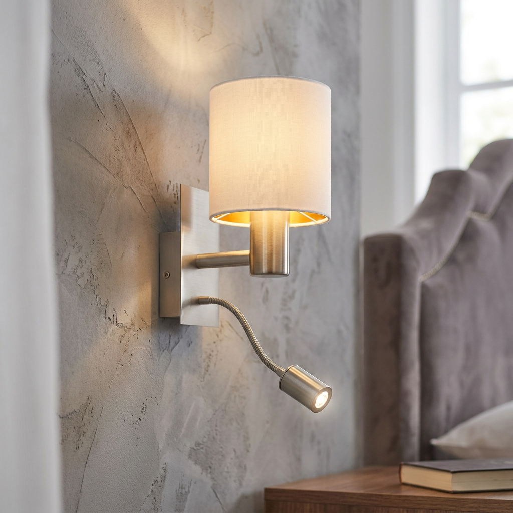 Brushed nickel wall light with a white fabric shade and flexible reading arm, mounted on a textured grey wall.