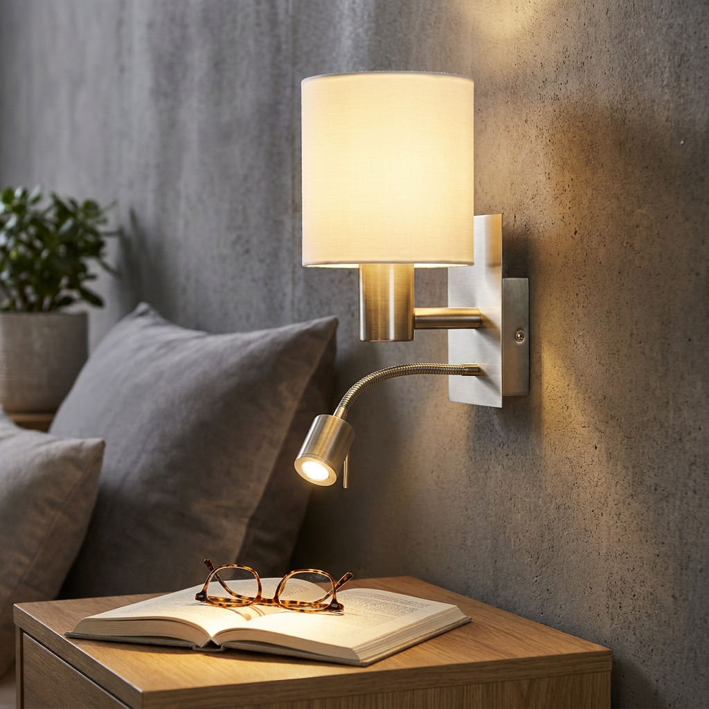 Modern nickel wall light with a white fabric shade and a flexible reading lamp mounted on a concrete-textured wall.