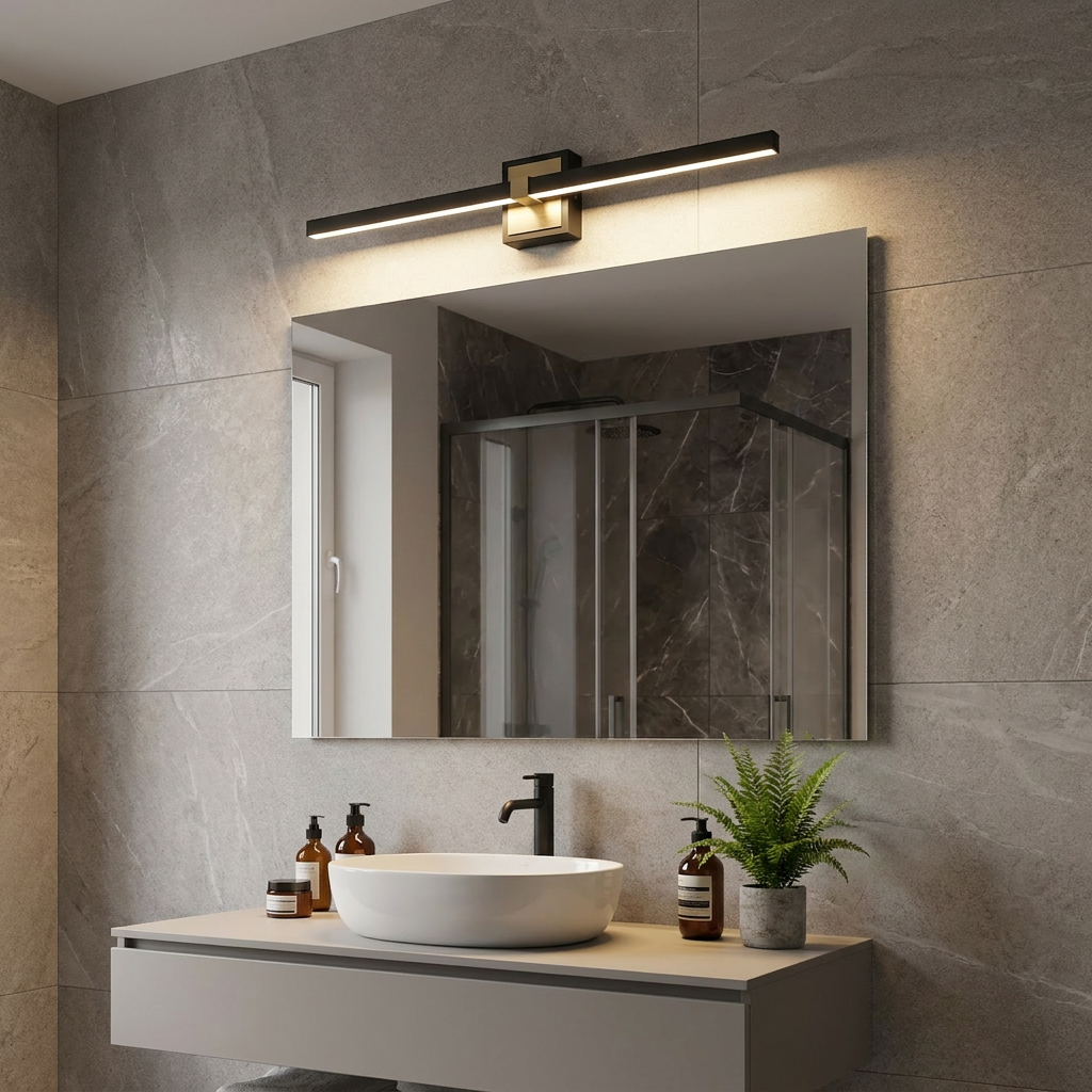 Modern black and brass linear LED wall light mounted above a bathroom mirror on grey textured tiles.