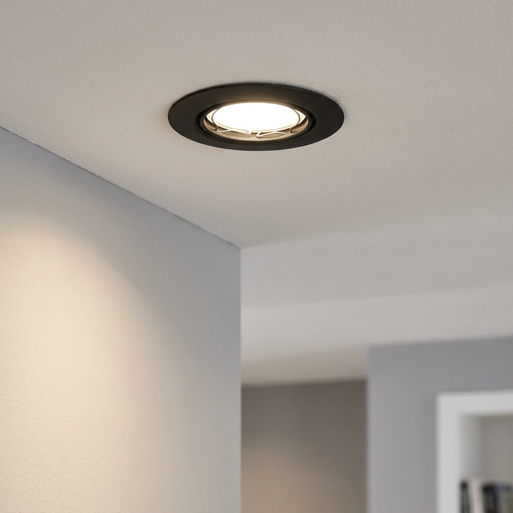 Black recessed ceiling spot light turned on, casting a warm glow on a white wall in a modern room.