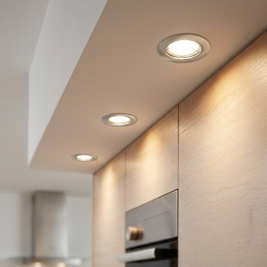 Three brushed nickel recessed downlights illuminating light wood kitchen cabinetry.