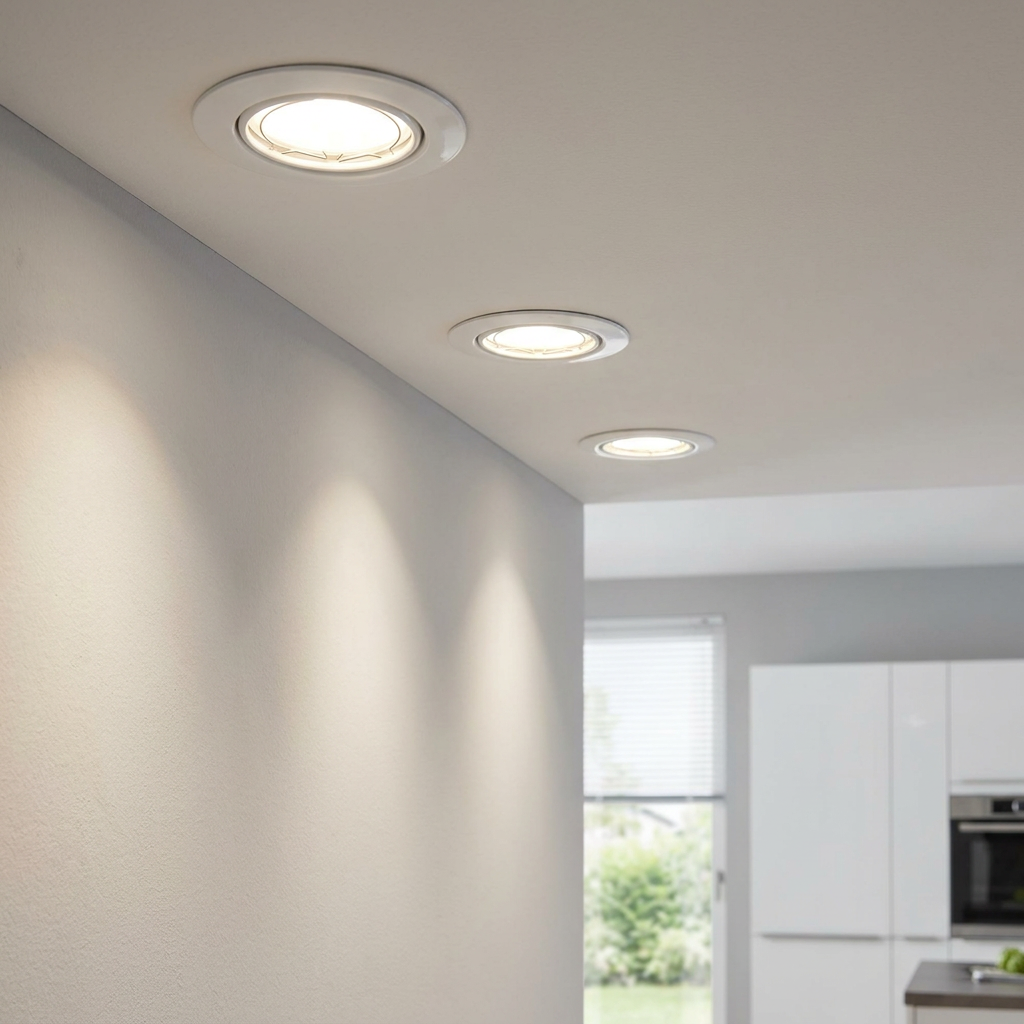 Three white recessed downlights casting warm light on a wall in a contemporary interior.