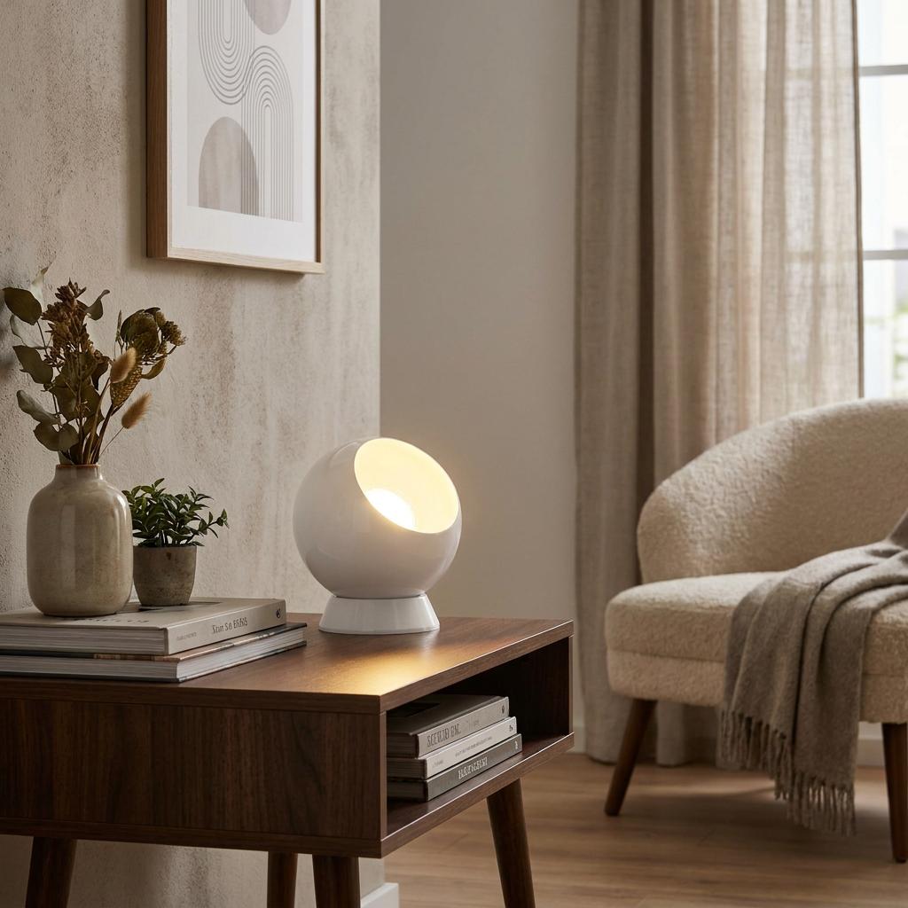 White spherical table lamp with a warm glow on a wooden table beside plants in a bright, modern living room setting.