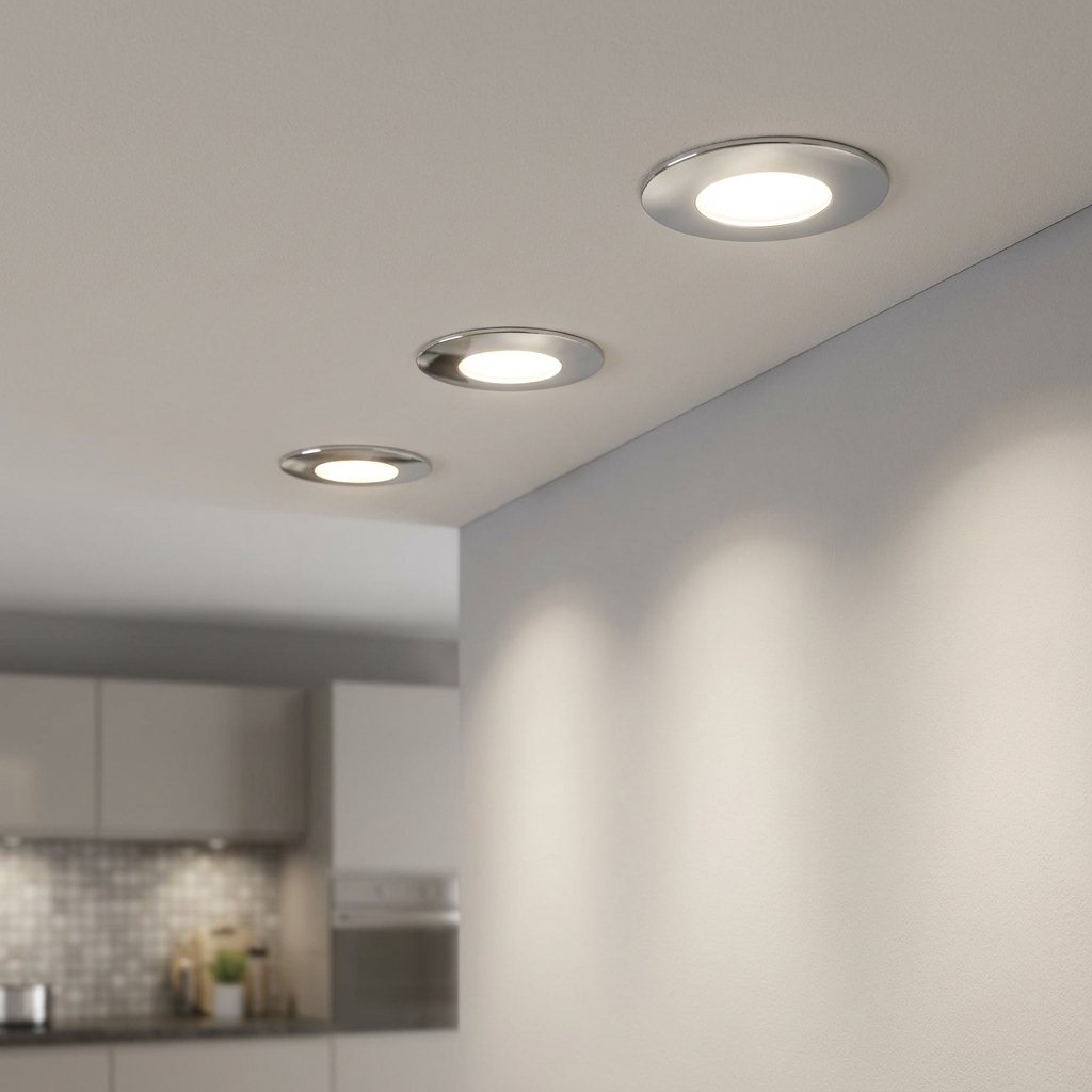 Three chrome-plated recessed LED downlights installed in a white ceiling, illuminating a wall and kitchen area.