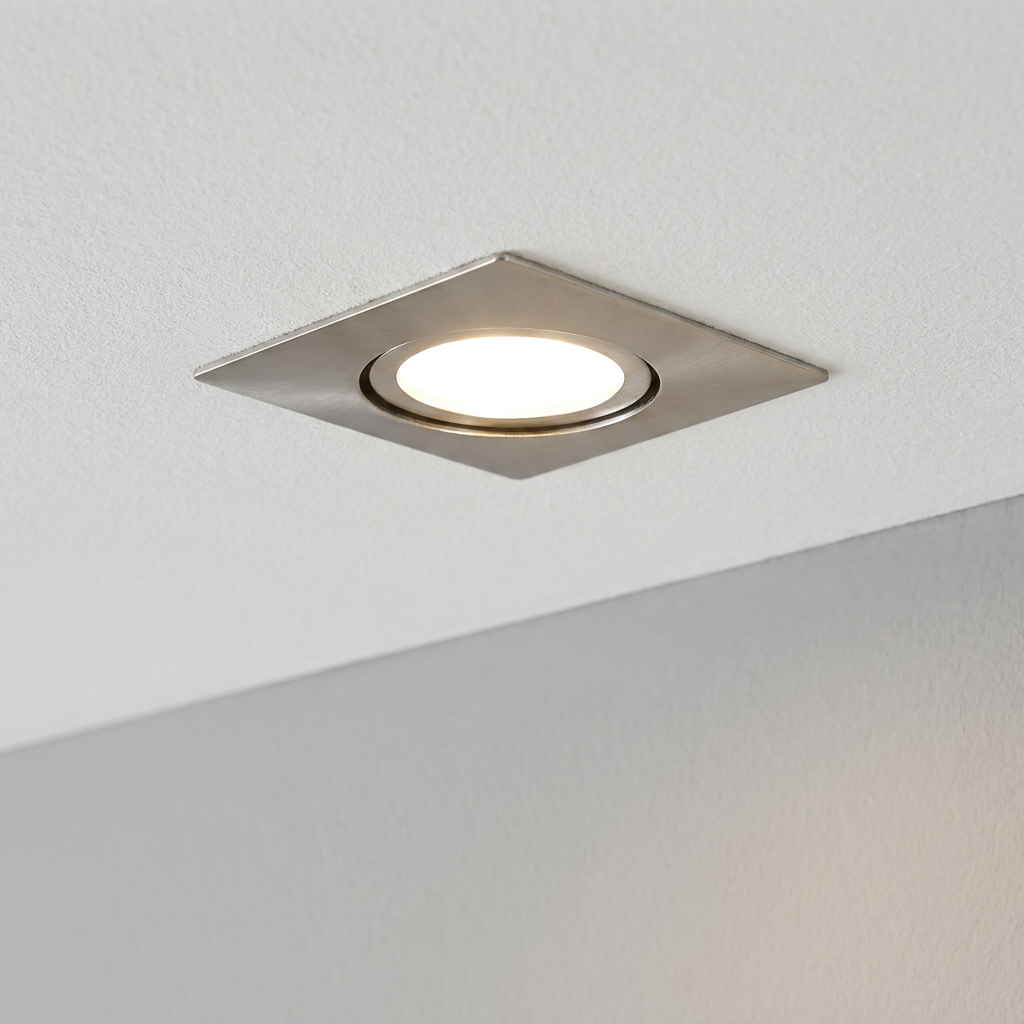Square brushed nickel recessed LED downlight illuminated in a white ceiling.