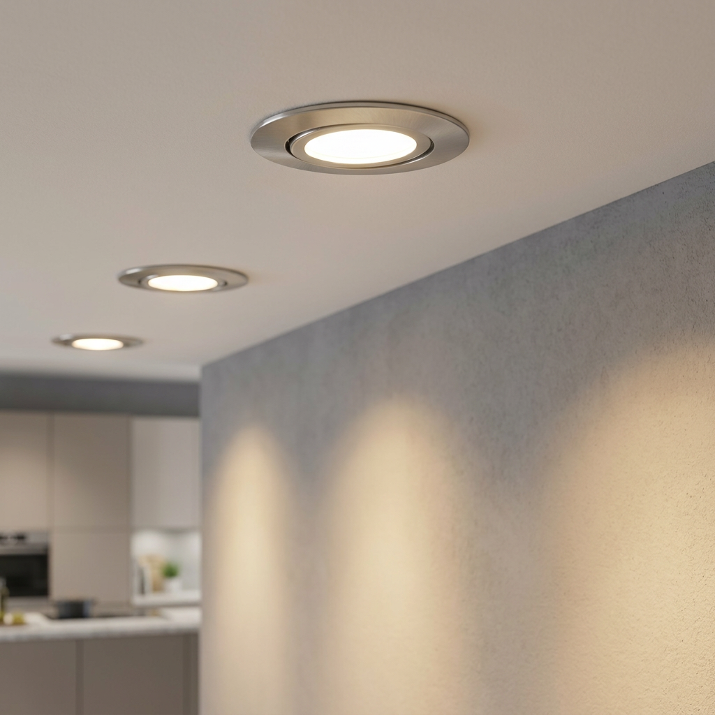 Three satin nickel recessed LED downlights illuminating a textured wall in a modern kitchen.