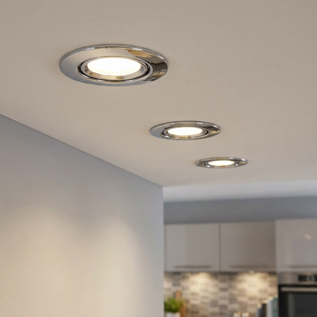 Three chrome LED recessed downlights illuminating a modern kitchen ceiling with a warm glow.
