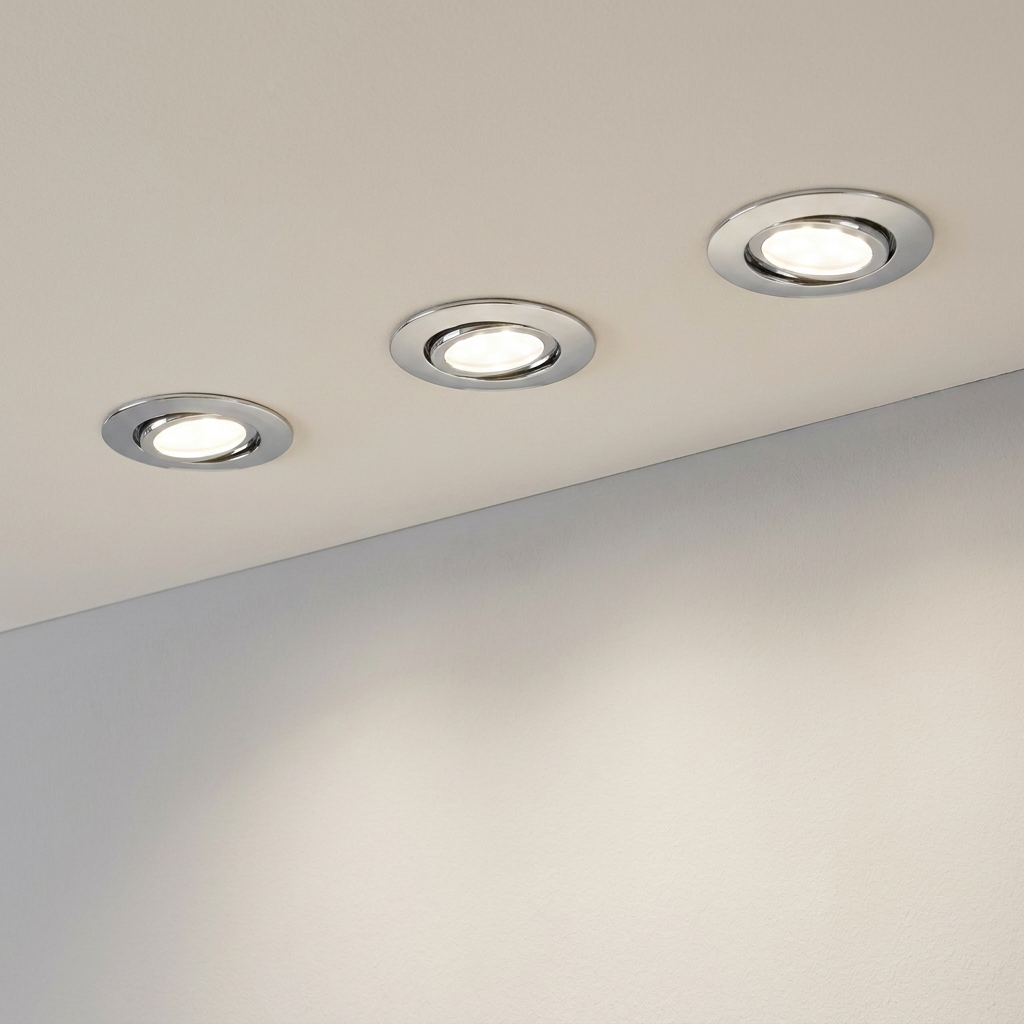 Set of three chrome recessed LED downlights installed in a ceiling, casting a warm glow on a wall.