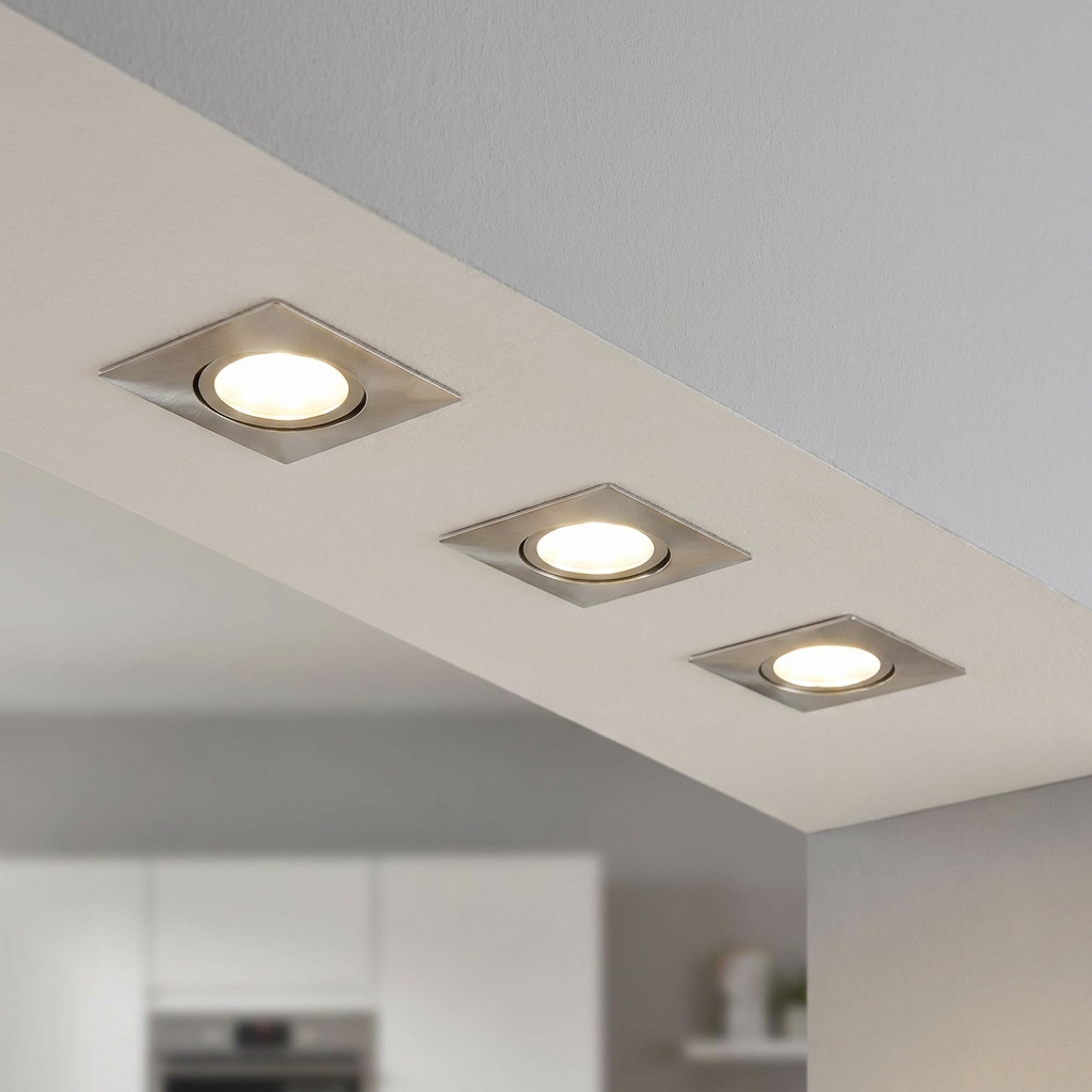 Three square satin nickel recessed LED downlights installed in a white ceiling bulkhead.