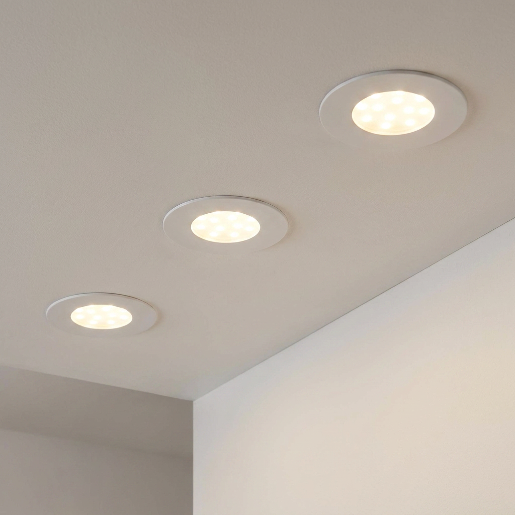 Three white round recessed LED downlights installed in a white ceiling and emitting a warm glow.