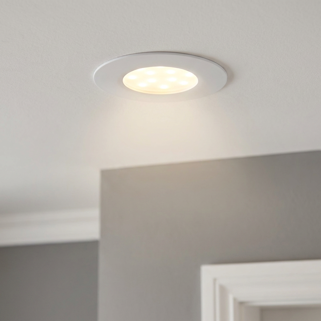 An illuminated white Eglo Pineda recessed downlight installed in a white ceiling.