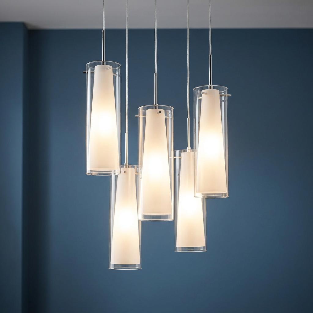 Modern five-light pendant cluster with clear outer cylinders and opal inner cone shades against a blue wall.