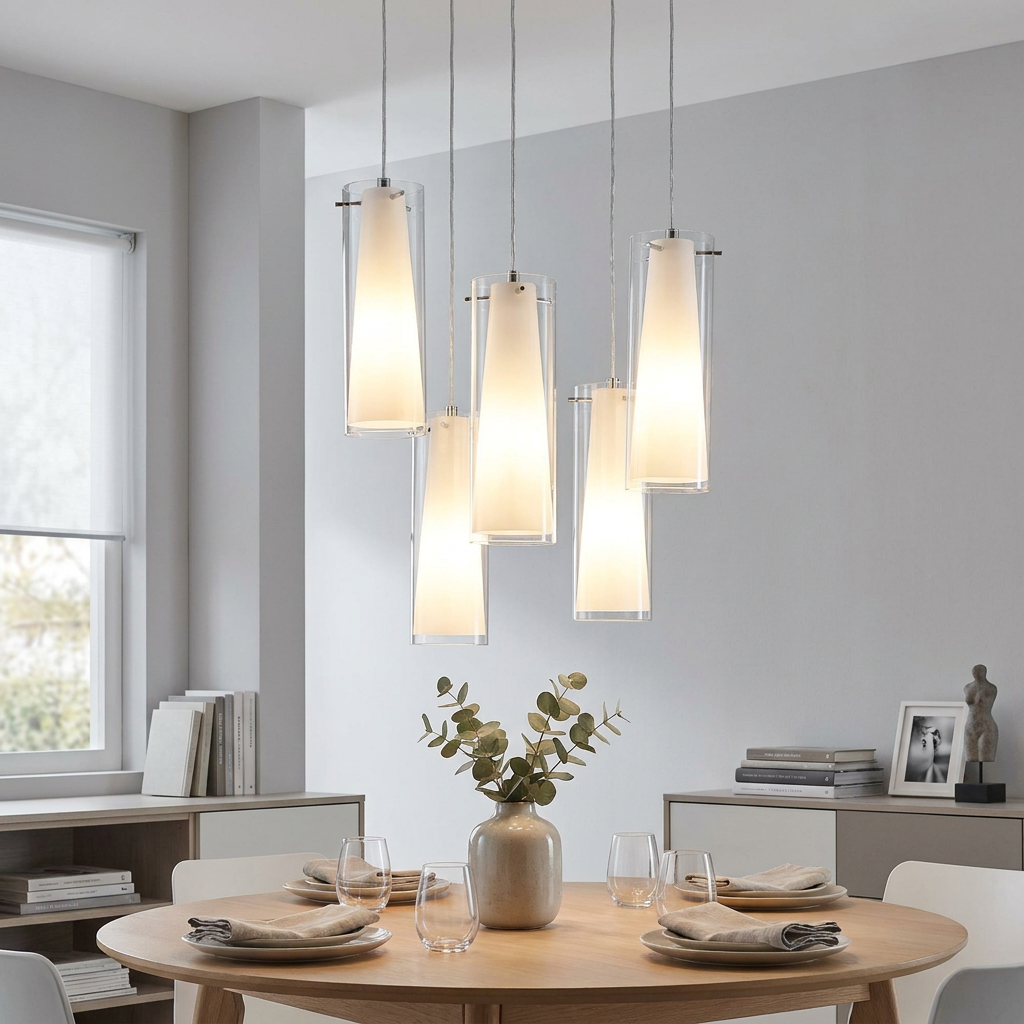 Five-light chrome cluster pendant with opal and clear glass shades over a modern wooden dining table.