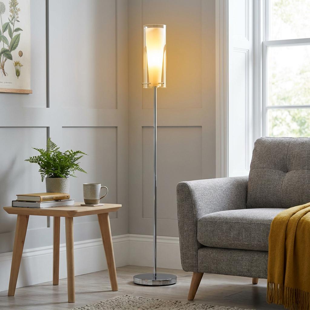 Modern chrome floor lamp with a glowing opal white glass shade stands in a cozy living room corner near a gray chair.