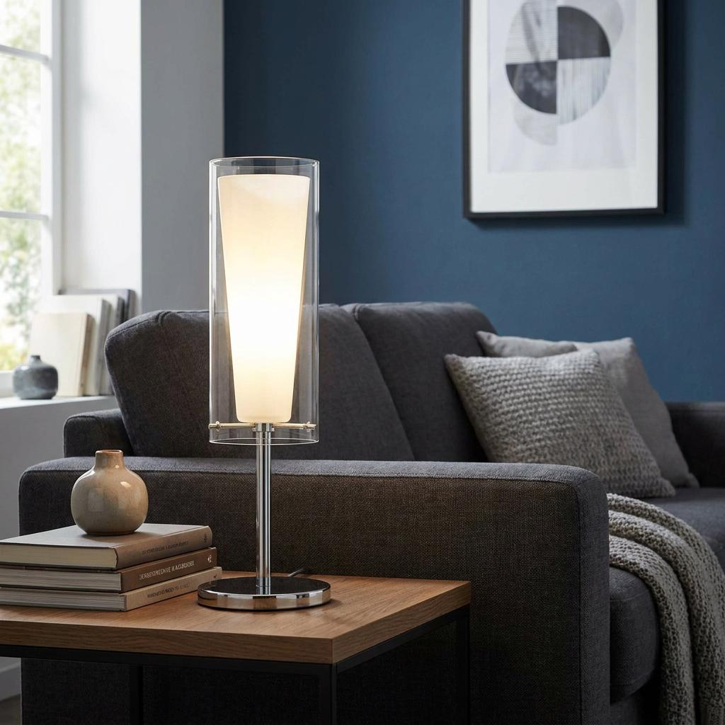 Eglo Pinto table lamp with chrome base and opal glass inner shade on a side table next to a grey sofa.