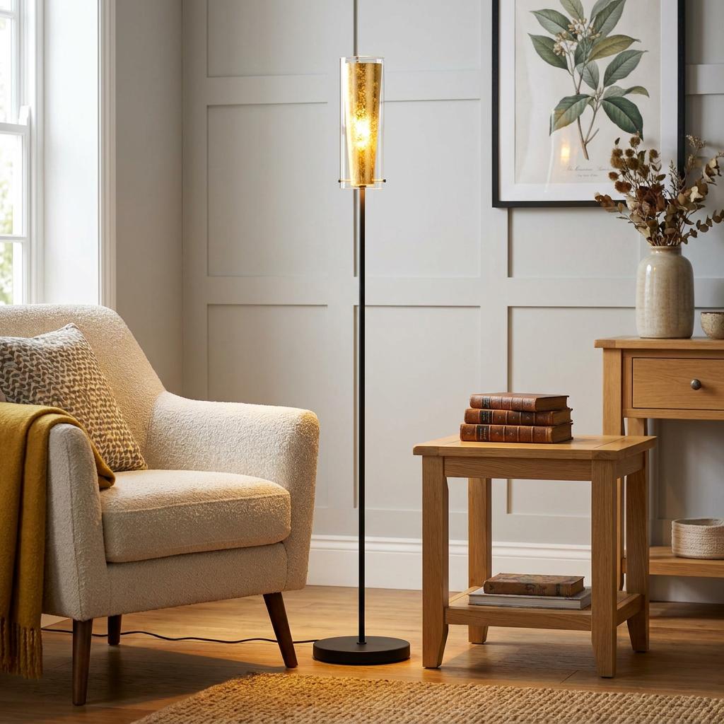 Slim black floor lamp with a gold leaf glass shade standing in a cozy living room next to an armchair and wooden side table.