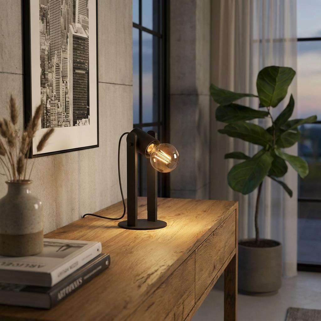 Black metal table lamp with an exposed bulb glowing on a wooden desk in a modern interior.