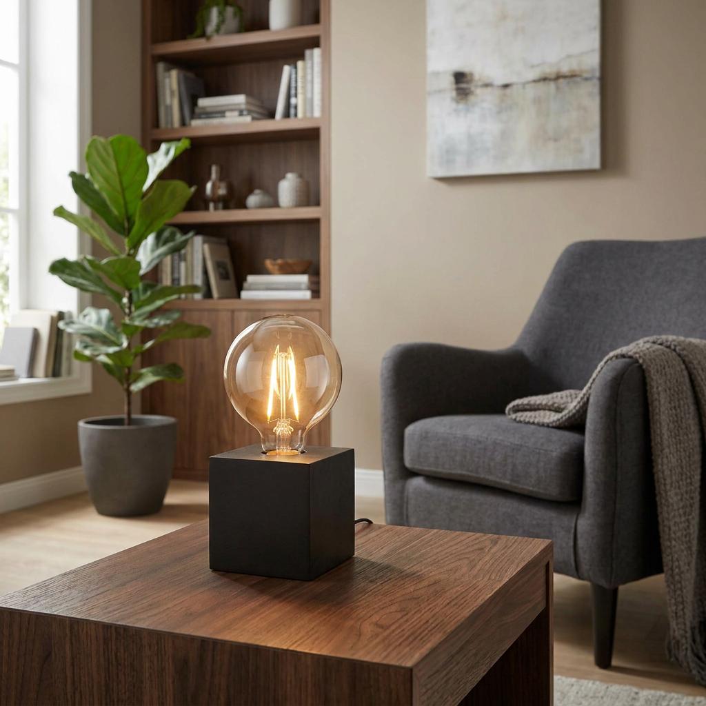 Black cube table lamp with a large exposed filament bulb, set on a wooden side table in a modern living room.