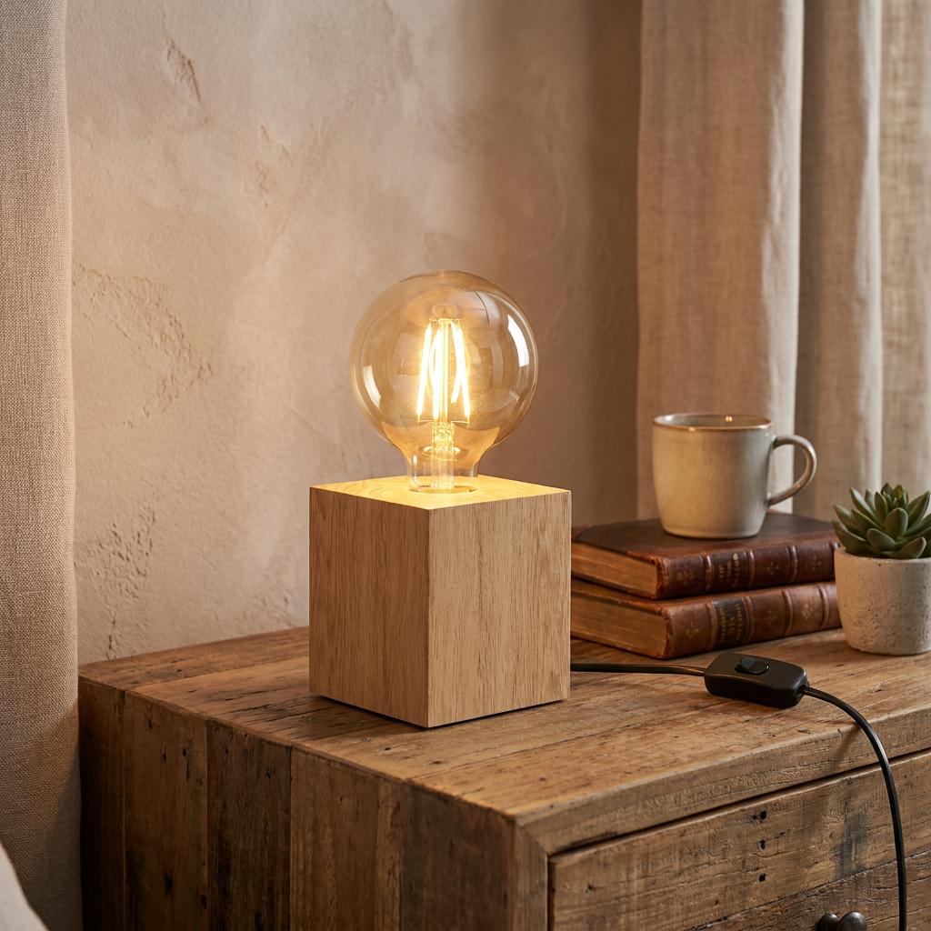 Wooden cube table lamp with a glowing filament bulb on a rustic chest of drawers next to books and a mug.