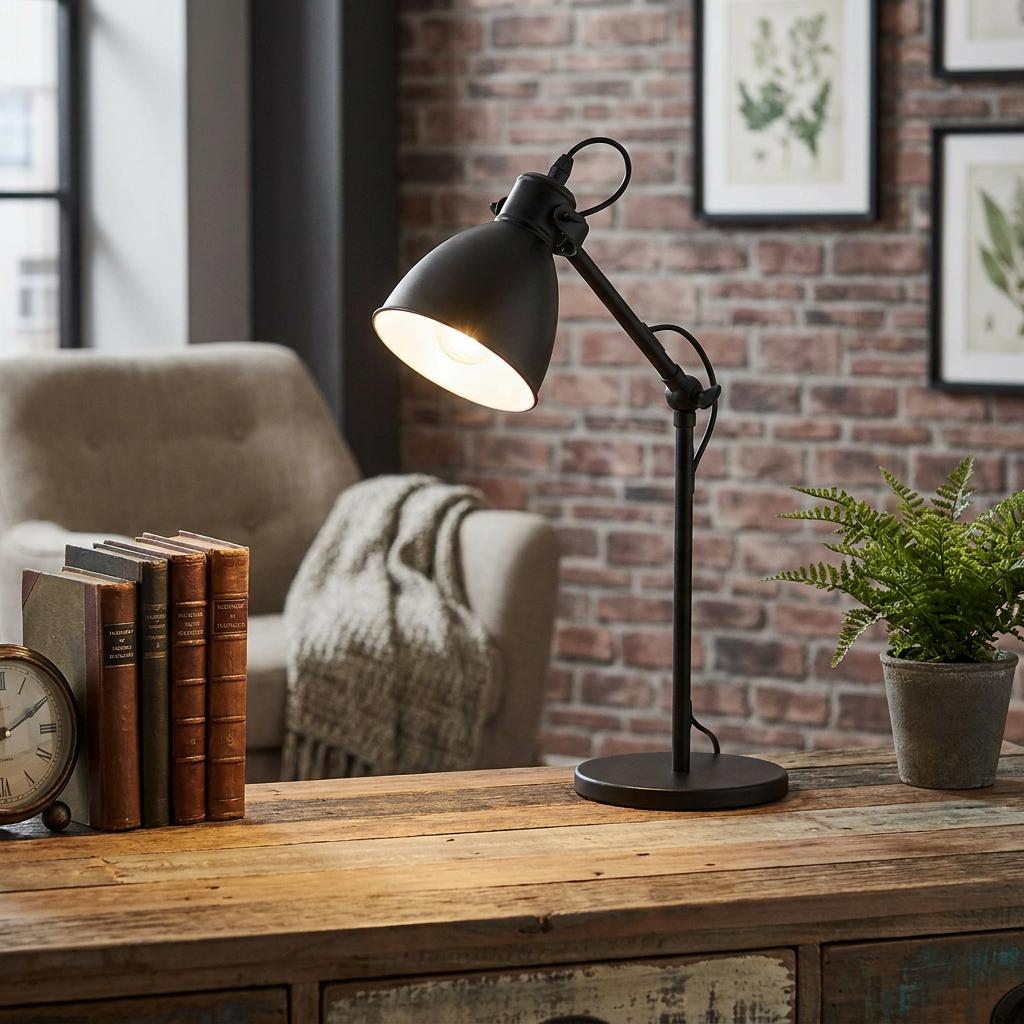 Adjustable black desk lamp illuminating a rustic wooden table with vintage books and a potted plant.