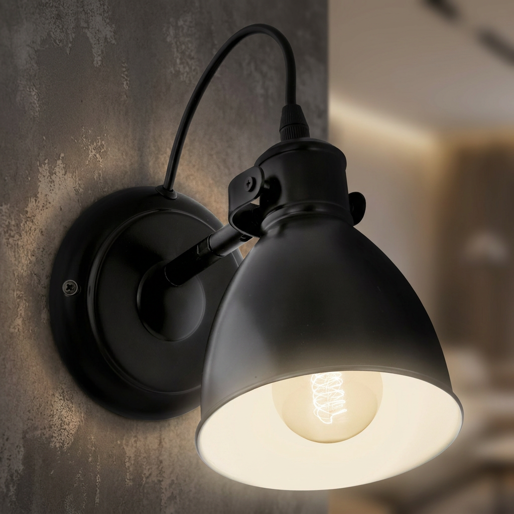 Black industrial-style adjustable wall light with a domed shade mounted on a textured grey wall.